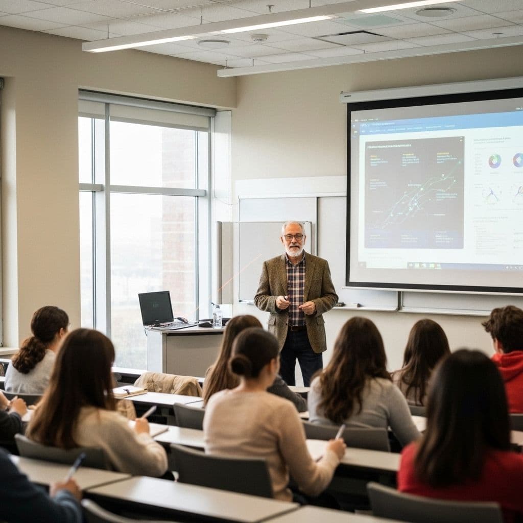 Founder presenting a case in a live classroom